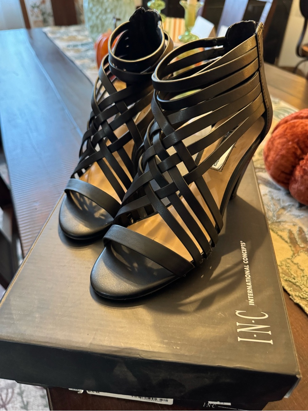 INC International Concepts Black Strappy Cage High-Heel Sandals